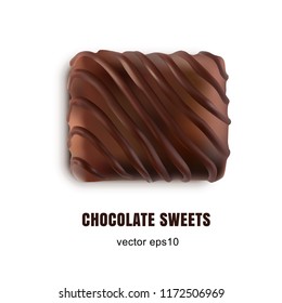 Beautiful Realistic 3D Vector Sweet Chocolate Candy Top View Isolated on White Background. Different Angles Macro Photo of Creative Cocoa Chocolates, Sweets, Truffles or Bonbons
