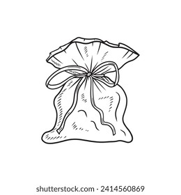 Beautiful realistic bag with gifts, tasty cookies, candies, with ribbon and bow in black isolated on white. Hand drawn vector sketch illustration in doodle vintage engraved outline, line art style.