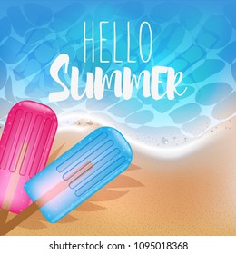 Beautiful realistic beach and ocean shore, sea foam and fruit ice cream. Hello Summer vector illustration.