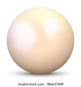 Beautiful Realistic Beige 3D Vector Pearl - Isolated on White Background with Smooth Shadow. Cultured Bright Oyster Pearl with Cream Colored Glossy Surface.