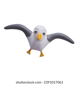 Hermoso pájaro realista volando. Gaviotas viviendo cerca del mar. El pájaro blanco con las alas negras vuela en busca de comida. Ilustración vectorial en estilo 3D con pico amarillo y patas