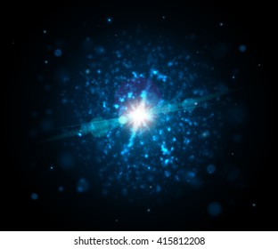 Beautiful realistic blue light glare. Cosmic glows and lighting effects with particles, explosion, flash, sparkles and bokeh. Abstract vector illustration for your design