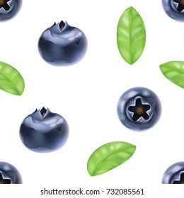 Beautiful and realistic blueberries seamless pattern with leaves. Top and side view close up on natural, purple, delicious blueberry pattern. Vector illustration