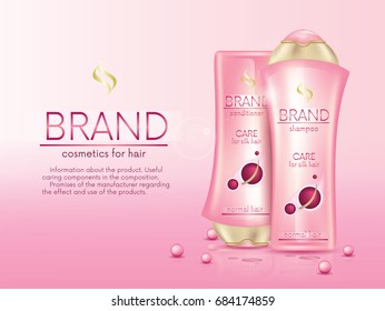 Beautiful realistic bottles of conditioner and hair shampoo. Packaging design and corporate identity. Hair cosmetics. Vector illustration.