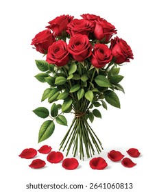 A beautiful and realistic bouquet of red roses tied together with natural stems and surrounded by lush green leaves. The bouquet is placed against a clean white background with red rose petals scatter