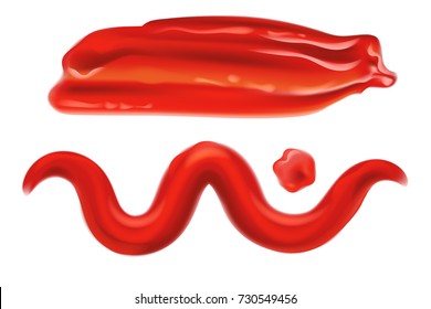 Beautiful, Realistic, Bright Red Ketchup Smear, Zigzag, Splash And Drop (blot). Vector Illustration. Ketchup Set For Your Design