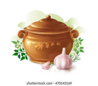 Beautiful realistic brown ceramic pot with garlic and herbs on a white background. Vector illustration.