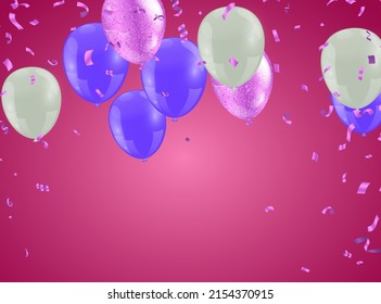 Beautiful realistic celebration vector greeting card template with and  flying party balloons in background. sale and promotion, party design element.