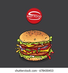 Beautiful realistic cheeseburger. Vector illustration for a logo, menu or corporate identity design of a cafe or restaurant. Fast food.