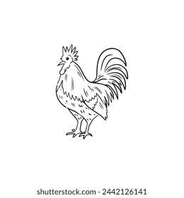 Beautiful realistic chicken cock rooster in black isolated on white background. Hand drawn vector sketch doodle illustration in vintage engraved line art style. Farm animals, eggs, protein products