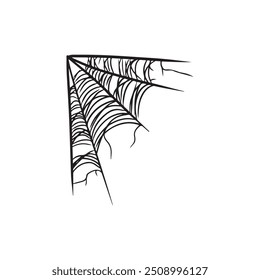 Rede web de canto realista bonita em preto isolado no fundo branco. ilustração de esboço de vetor desenhado à mão em doodle gravado linha arte vintage estilo. Feliz Dia das Bruxas símbolo, horror, ícone, teia de aranha