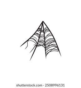 Beautiful realistic corner web net in black isolated on white background. Hand drawn vector sketch illustration in doodle engraved line art vintage style. Happy Halloween symbol, horror, icon, cobweb