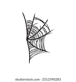 Beautiful realistic corner web net in black isolated on white background. Hand drawn vector sketch illustration in doodle engraved line art vintage style. Happy Halloween symbol, horror, icon, cobweb