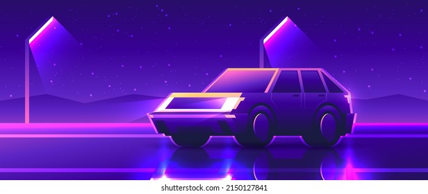 Beautiful realistic crossover car rides on the highway. Suburban landscape trip on night road.