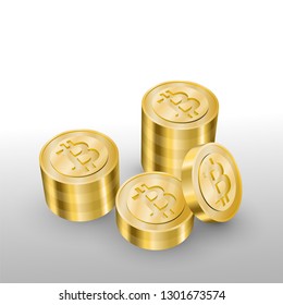Beautiful realistic cryptocurrency vector of golden bitcoins piled on white background. 