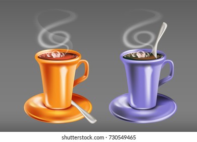 Beautiful, realistic cups (mugs) set. Bright and warm orange color cup with hot cacao drink, steam, bubbles and silver spoon. Soft lavender color cup with hot coffee, bubbles, steam and spoon. Vector