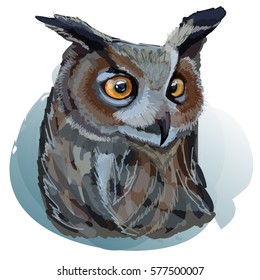 Beautiful realistic eagle-owl. Digital vector illustration. Imitation of traditional drawing.