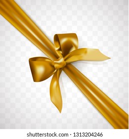 Beautiful realistic festive diagonal golden bow or ribbon isolated on transparent background.