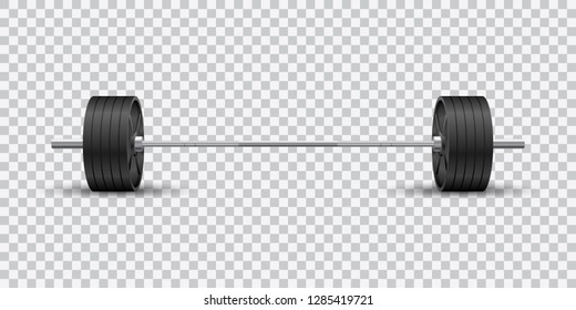 Beautiful realistic fitness vector front view of an olympic barbell with black iron plates on transparent background.