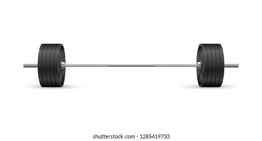 Beautiful realistic fitness vector front view of an olympic barbell with black iron plates on white background.