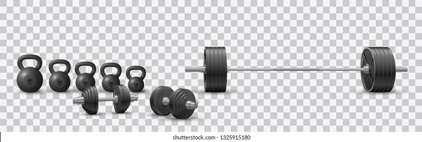 Beautiful realistic fitness vector of an olympic barbell, black iron loadable dumbbels and a set of kettlebells on transparent background.