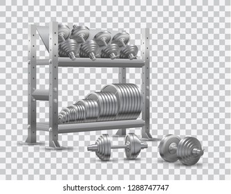 Beautiful realistic fitness vector perspective view on transparent background of a storage shelf full of steel weight barbell plates and of several steel loadable dumbbels.