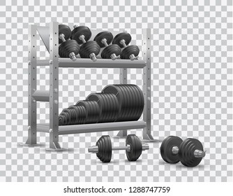 Beautiful realistic fitness vector perspective view on transparent background of a storage shelf full of black iron weight barbell plates and of several black iron loadable dumbbels.