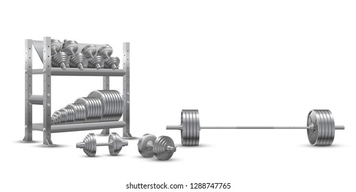 Beautiful realistic fitness vector perspective view on white background of an olympic barbell, steel loadable dumbbels and a storage shelf full of steel weight barbell plates.