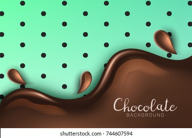 Beautiful and realistic glossy chocolate flow with splash and drops on mint green background with black polka dots and shadow. Vector chocolate background with 3d effect