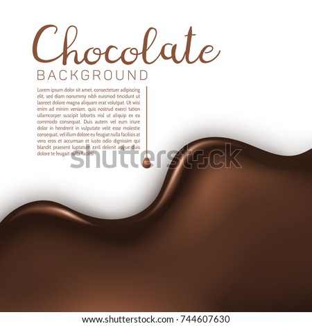 Beautiful, realistic glossy chocolate flow with splash and drops on white background with copy space. Vector chocolate background, banner, brochure design layout, flyer. Food illustration, 3d effect