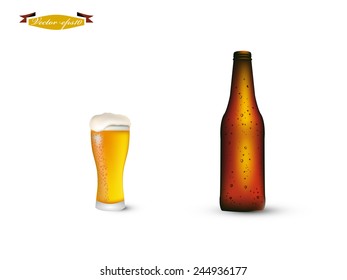 beautiful realistic graphic design vector of bottle and glass of beer with condensed water