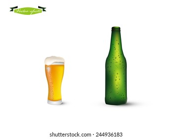 beautiful realistic graphic design vector of green color bottle and glass of beer with condensed water