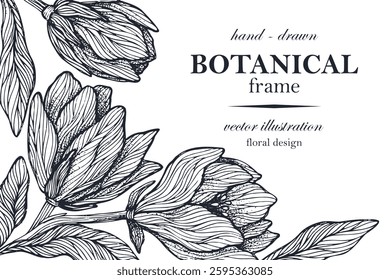 Beautiful realistic hand-drawn lineart botanical floral frame vector illustration
