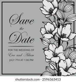 Beautiful realistic hand-drawn lineart botanical floral frame save the date card vector illustration