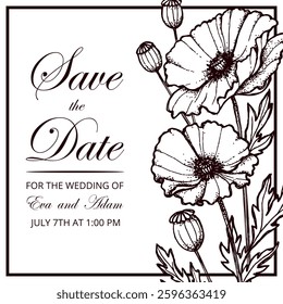 Beautiful realistic hand-drawn lineart botanical floral frame save the date card vector illustration