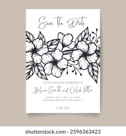 Beautiful realistic hand-drawn lineart botanical floral frame save the date card vector illustration