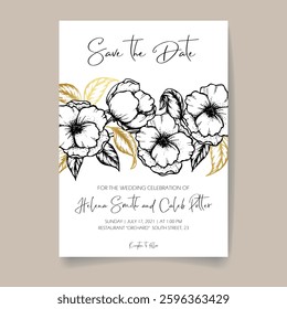 Beautiful realistic hand-drawn lineart botanical floral frame save the date card vector illustration