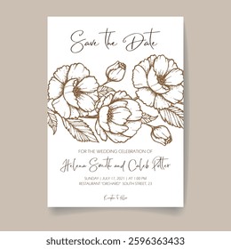 Beautiful realistic hand-drawn lineart botanical floral frame save the date card vector illustration