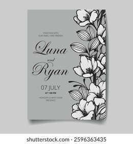 Beautiful realistic hand-drawn lineart botanical floral frame save the date card vector illustration