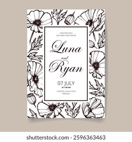 Beautiful realistic hand-drawn lineart botanical floral frame save the date card vector illustration