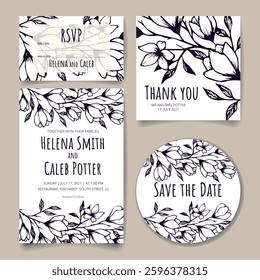 Beautiful realistic hand-drawn lineart botanical floral wedding set vector illustration