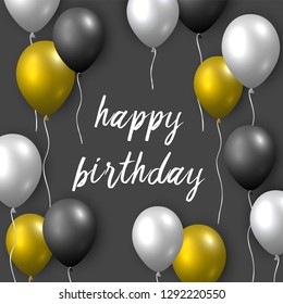 Beautiful realistic happy birthday vector greeting card with golden, silver and black flying party balloons on dark grey background.