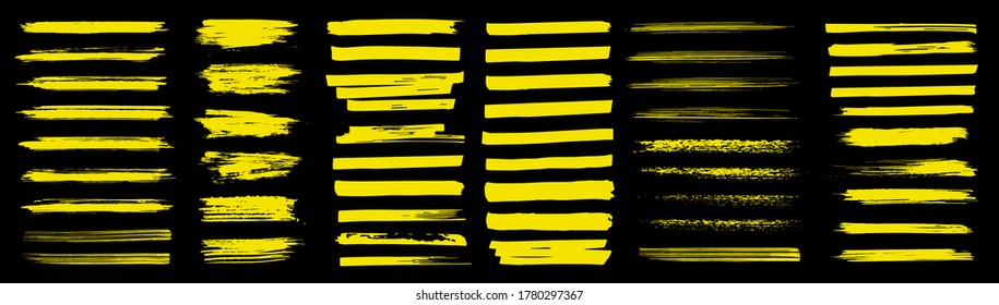 Beautiful and realistic Highlight brush lines. Yellow marker color stroke, brush pen hand drawn underline. Hand drawn collection highlight isolated on black background. Vector set brushstroke