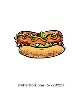 Beautiful realistic hot dog. Vector illustration for a logo, menu or corporate identity design of a cafe or restaurant. Fast food.