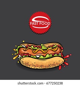 Beautiful realistic hot dog. Vector illustration for a logo, menu or corporate identity design of a cafe or restaurant. Fast food.