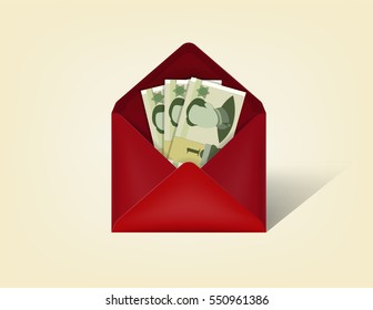 beautiful realistic illustration vector of chinese yuan money cash in red opened envelope isolated on a background, realistic mockup