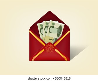 beautiful realistic illustration vector of chinese yuan money cash in red opened envelope chinese texture style isolated on a background, realistic mockup