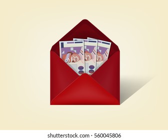 beautiful realistic illustration vector of malaysian ringgit money cash in red opened envelope isolated on a background, realistic mockup