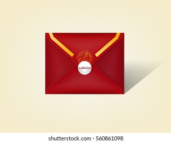 beautiful realistic illustration vector red chinese style envelope, chinese dragon texture on red envelope isolated with confidential red seal on a background, realistic mockup