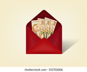 Beautiful Realistic Illustration Vector Of Singapore Dollar Money Cash In Red Opened Envelope Isolated On A Background, Realistic Mockup